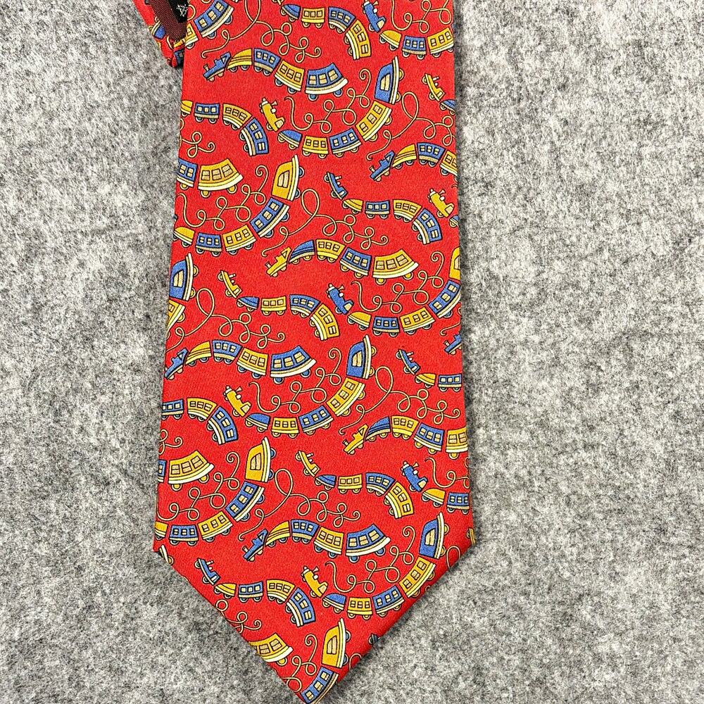 Salvatore Ferragamo Men's Woven Silk Tie Red Blue Yellow Train Geometric Logo